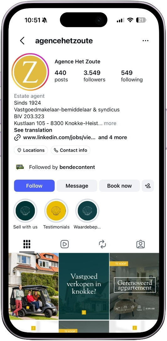 Instagram-profiel van Agence Het Zoute op een smartphone